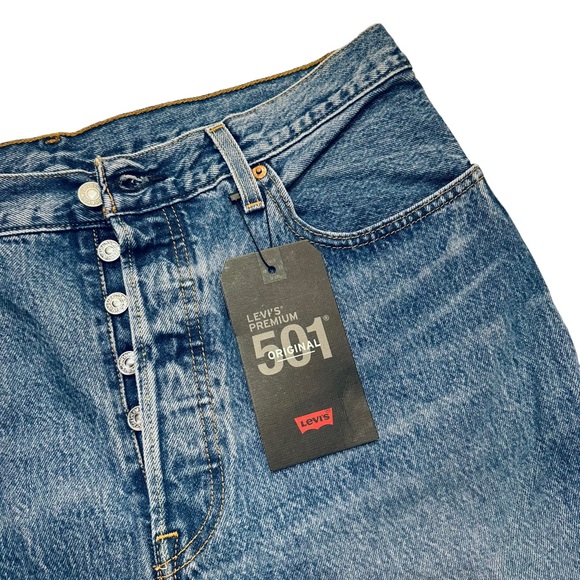 Levi’s Premium 501 High Rise Straight Leg Medium Wash Frayed / Distressed Jeans - Picture 3 of 14